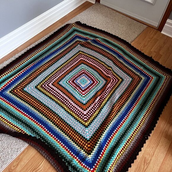 Vintage Granny Square Crochet Throw Blanket Rainbow Home Decor Afghan Boho Brown - Picture 4 of 5